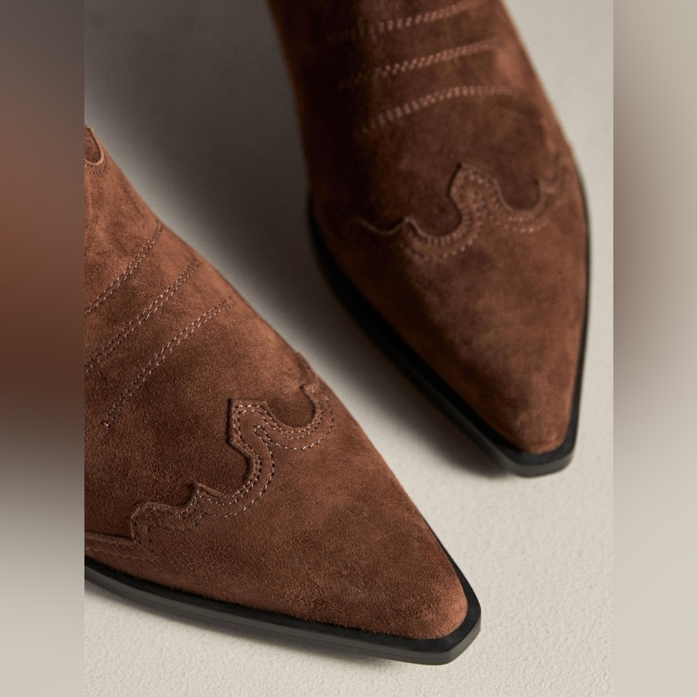Bibi Lou Short Western Brown Suede Star Embroidered Point Toe Cowgirl Booties 37 - Picture 3 of 14
